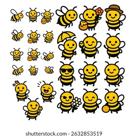 Cute Cartoon Bees Collection on White Background