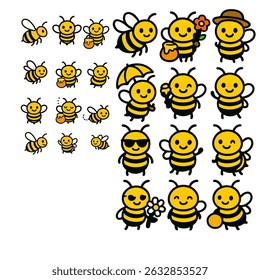 Cute Cartoon Bees Collection on White Background