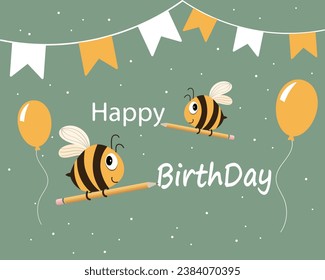 Cute cartoon bees and festive garlands with flags. Cartoon children's print, happy birthday card. Vector