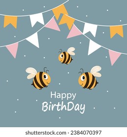 Cute cartoon bees and festive garlands with flags. Cartoon children's print, happy birthday card. Vector