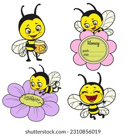 Cute cartoon bees and flower color variation for coloring page on white background