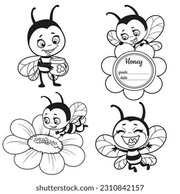 Cute cartoon bees and flower outlined for coloring page on white background