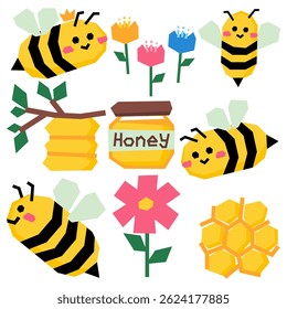 Cute cartoon bees with flowers, honey jar, and beehive. Colorful and playful design for kids and spring themes. Perfect for nursery decor, children’s products, and educational materials.