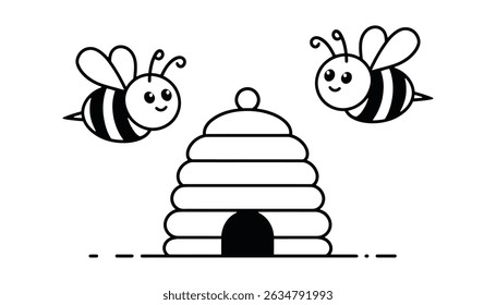 Cute Cartoon Bees Flying Around Beehive Vector Illustration for Kids and Education	
