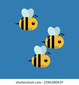 Cute Cartoon Bees Flying in a Swarm. Adorable Honeybee Illustration with Yellow and Black Stripes, Blue Wings, and a Playful Design on a Blue Background, Perfect for Kids and Nature Themes.