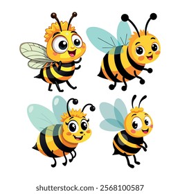 Cute cartoon bees flying together, adorable insect illustration, perfect for children�s books, nature designs, or environmental awareness campaigns