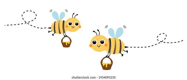 Cute cartoon bees and honey bucket icons isolated on white background vector illustration.