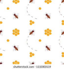 Cute cartoon bees and honeycombs vector seamless pattern background.
