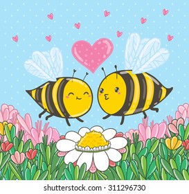 Cute cartoon bees in love on the summer meadow with flowers. Valentine's day illustration. Adorable insects image. Funny vector card