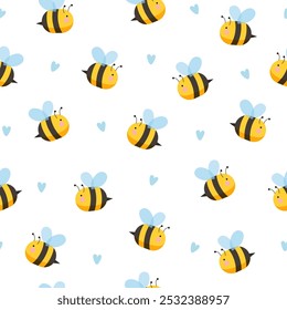 Cute cartoon bees with minimalistic blue hearts shape on white background.