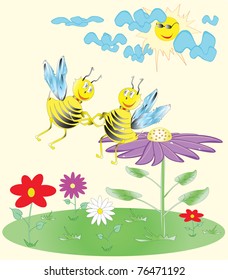 Cute cartoon bees on the flower