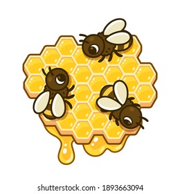 Cute cartoon bees on honeycomb piece with dripping honey. Beekeeping vector clip art illustration.