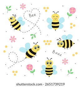 Abelhas bonitas de desenhos animados. Ilustração desenhada à mão de abelhas e flores. Ilustração vetorial de insetos sobre um fundo branco.