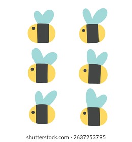 Cute cartoon bees with yellow and black stripes with dot eyes and blue wings. Child friendly design for stickers, icons, honey product labeling, toddler and infant toys. Vector illustration, EPS 10.