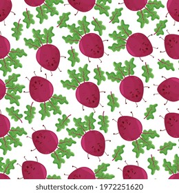 Cute cartoon beet characters vector seamless pattern background for autumn, vegan and harvest design.