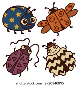 Colección linda de los escarabajos y de los bichos de la historieta con el sistema único del Vector de los patrones