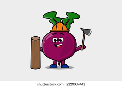 Cute cartoon Beetroot as carpenter character with ax and wood in flat modern style