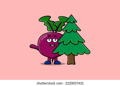 Cute cartoon Beetroot character hiding tree in flat modern design in modern style design