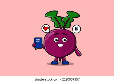 Cute cartoon Beetroot character holding diary book illustration with happy expression