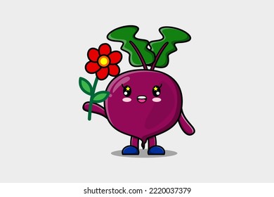 Cute cartoon Beetroot character holding red flower in concept 3d cartoon style
