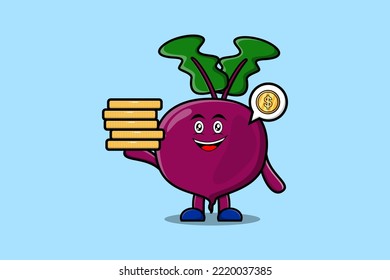 Cute cartoon Beetroot character holding in stacked gold coin vector illustration