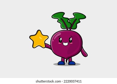 Cute cartoon Beetroot character holding big golden star in cute modern style design illustration