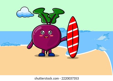 Cute cartoon Beetroot character playing surfing with surfing board