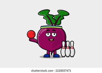 Cute cartoon Beetroot character playing bowling in flat modern style design illustration