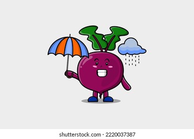 Cute cartoon Beetroot character in the rain and using an umbrella in flat modern style design