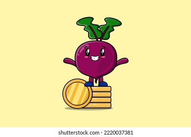 Cute cartoon Beetroot character standing in stacked gold coin vector illustration in flat cartoon
