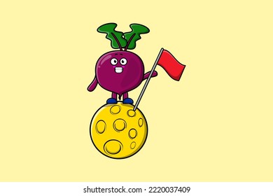Cute cartoon Beetroot character standing on the moon with flag in 3d modern design illustration