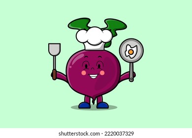 Cute cartoon Beetroot chef character holding pan and spatula in flat cartoon style illustration