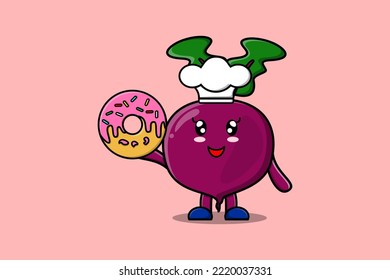 Cute cartoon Beetroot chef character donuts in flat cartoon style illustration