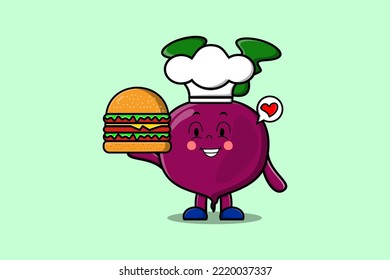 Cute cartoon Beetroot chef character holding burger in flat cartoon style illustration