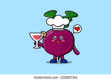 Cute cartoon Beetroot chef character holding wine glass flat cartoon style illustration