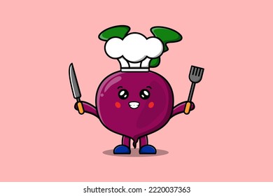 Cute cartoon Beetroot chef character holding knife and fork in flat cartoon style illustration