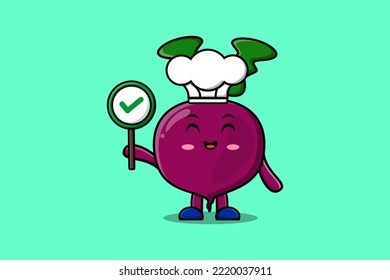 Cute cartoon Beetroot chef character holding correct sign board in vector character illustration
