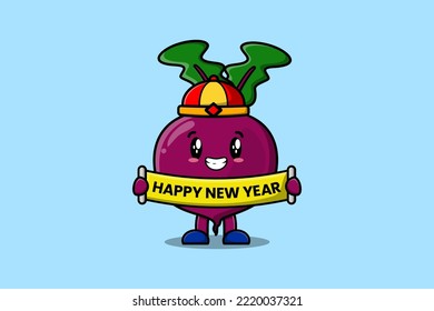 Cute cartoon Beetroot chinese character holding happy new year board illustration