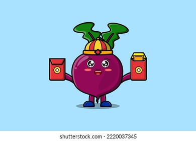 Cute cartoon Beetroot chinese character holding red packets vector icon illustration