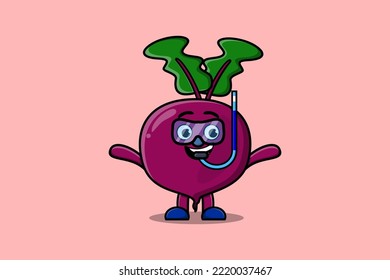 Cute cartoon Beetroot diver with swimming glass in flat modern style design