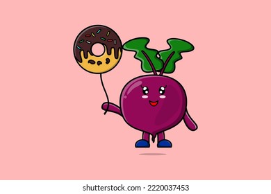 Cute cartoon Beetroot floating with donuts balloon cartoon vector illustration