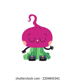 Cute cartoon beetroot illustration on a white background. Funny colorful character.