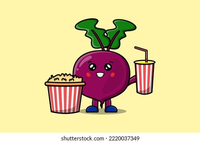 Cute cartoon Beetroot with popcorn and drink ready to watching film in cinema