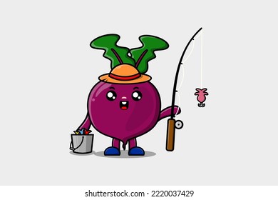 Cute cartoon Beetroot ready fishing character illustration wearing fishing equipment