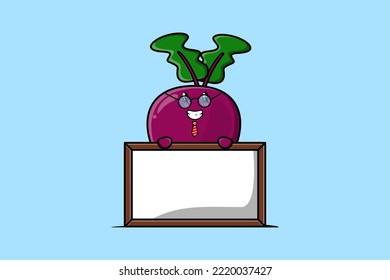 Cute cartoon Beetroot teacher character with big whiteboard in flat cartoon style concept