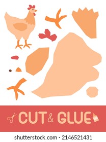 Cute cartoon beige chicken with a red crest and orange legs. Side view of a hen. Education paper game for children. Use scissors and glue to create the image. Vector illustration.