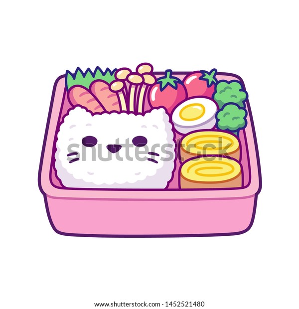 猫の顔をかたどったお米 卵巻き きのこ 野菜を入れたかわいい漫画の弁当箱 子ども向けの伝統的な日本の弁当箱 簡単な手描きのベクトルイラスト の ベクター画像素材 ロイヤリティフリー
