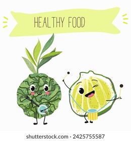 Cute  cartoon bergamot characters with different activities. Flat vector illustration, funny fruits. Organic food.