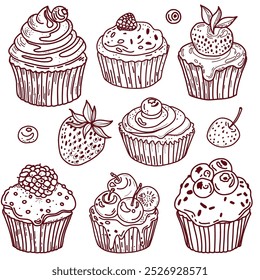 Cute cartoon berries and cupcakes. Hand-drawn sweets. Delicious cupcakes with icing.