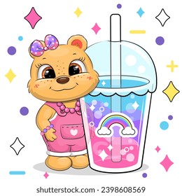 Cute cartoon besr girl and rainbow drink. Vector illustration of animal and a cup with colorful water on a white background with stars and dots.